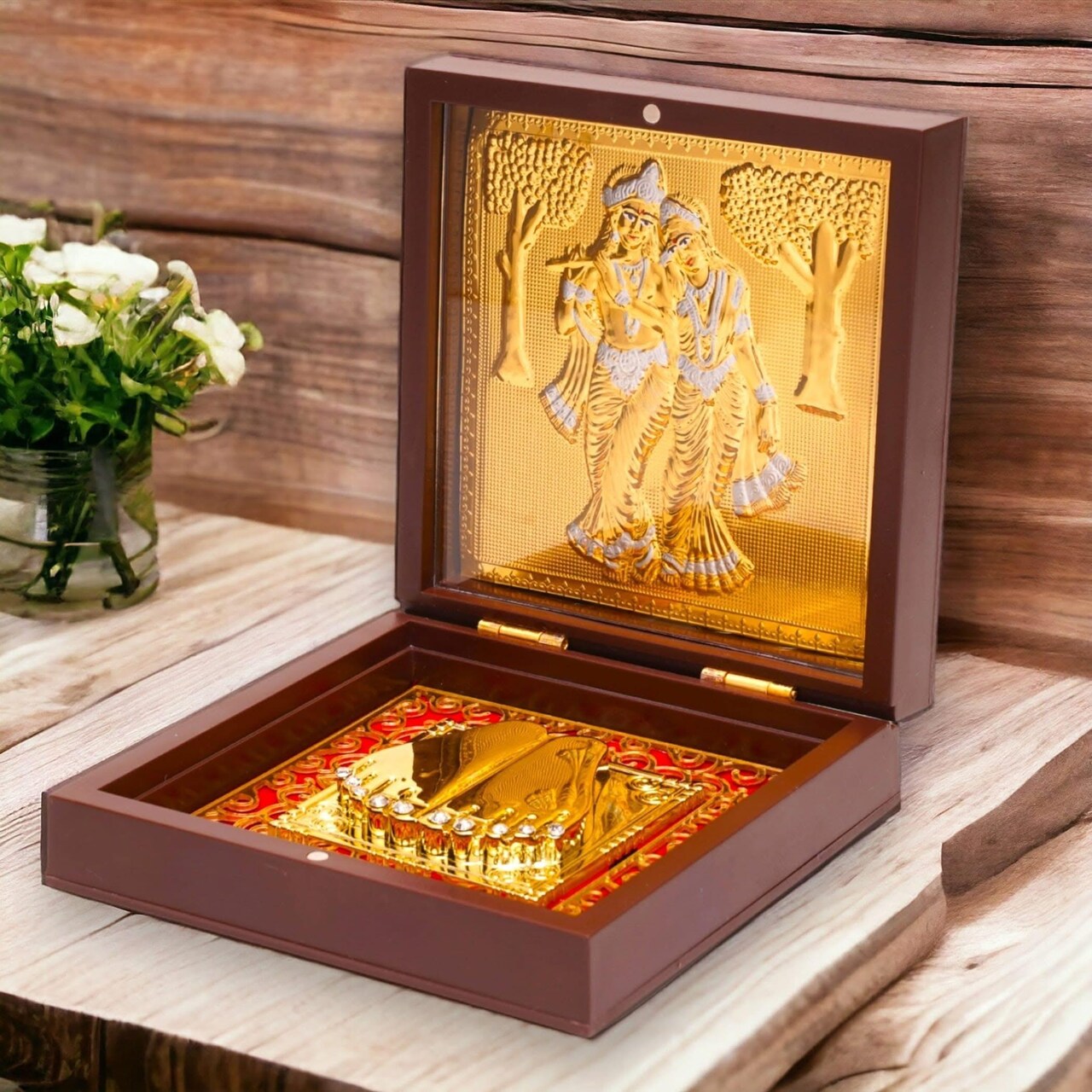 Gold Plated Laxmi Ganesha, Radha Krishna, Shrinath Ji, Sai Baba, Ganesh, Ram Laxman Sita (ram Darbar) with Charan Paduka - Diwali Housewarming Return Gift Pooja Room Decor Hindu God Paduka Prayer Box